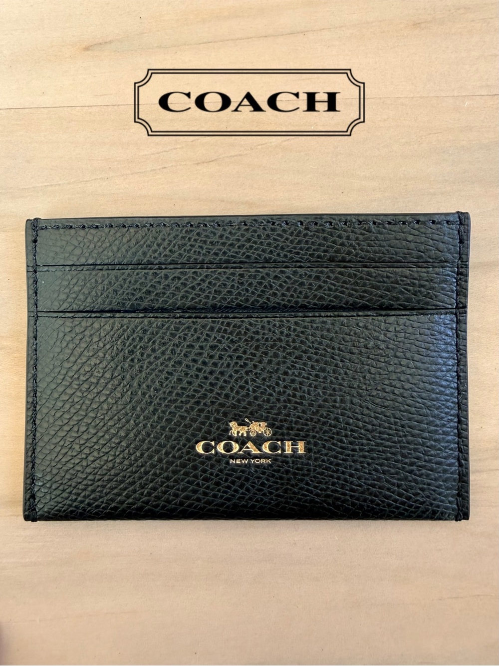 NWT Coach Black Crossgrain Leather Flat Card Case Slim Wallet Minimalist F57312